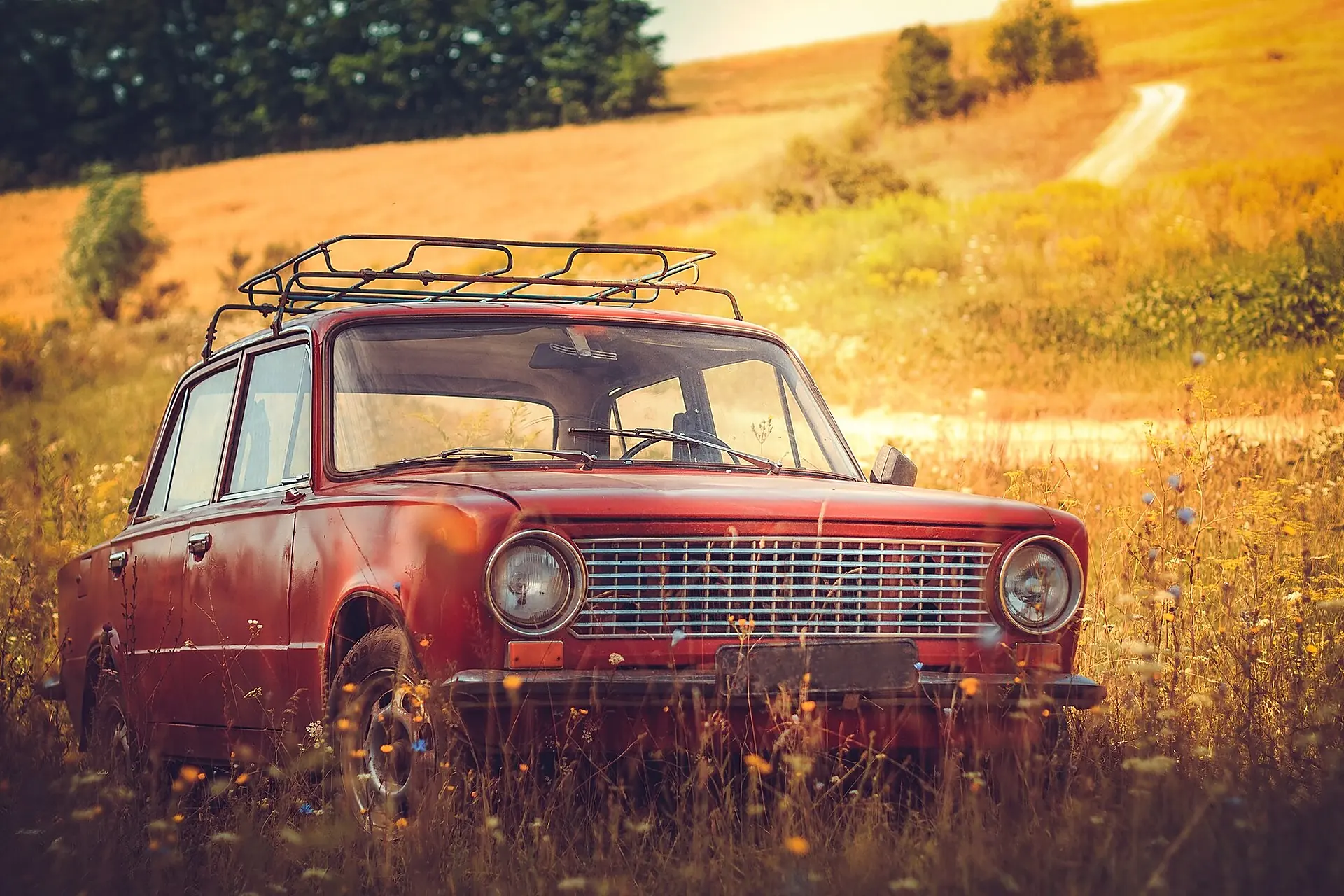 A red 1950s grand-touring coupé in a classic-car showroom